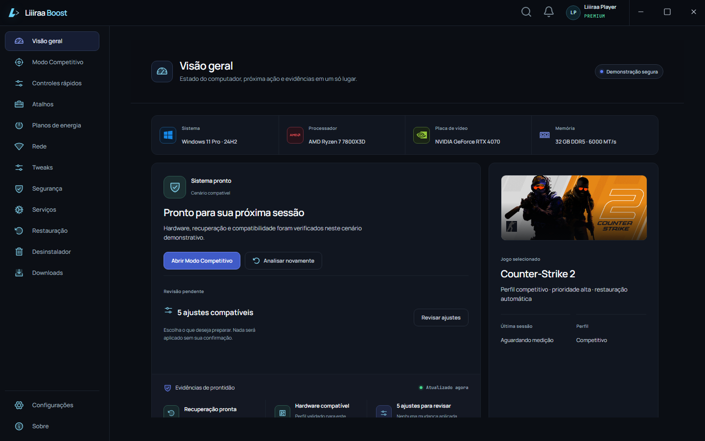 Tela inicial real do aplicativo desktop Liiiraa Boost em português do Brasil.